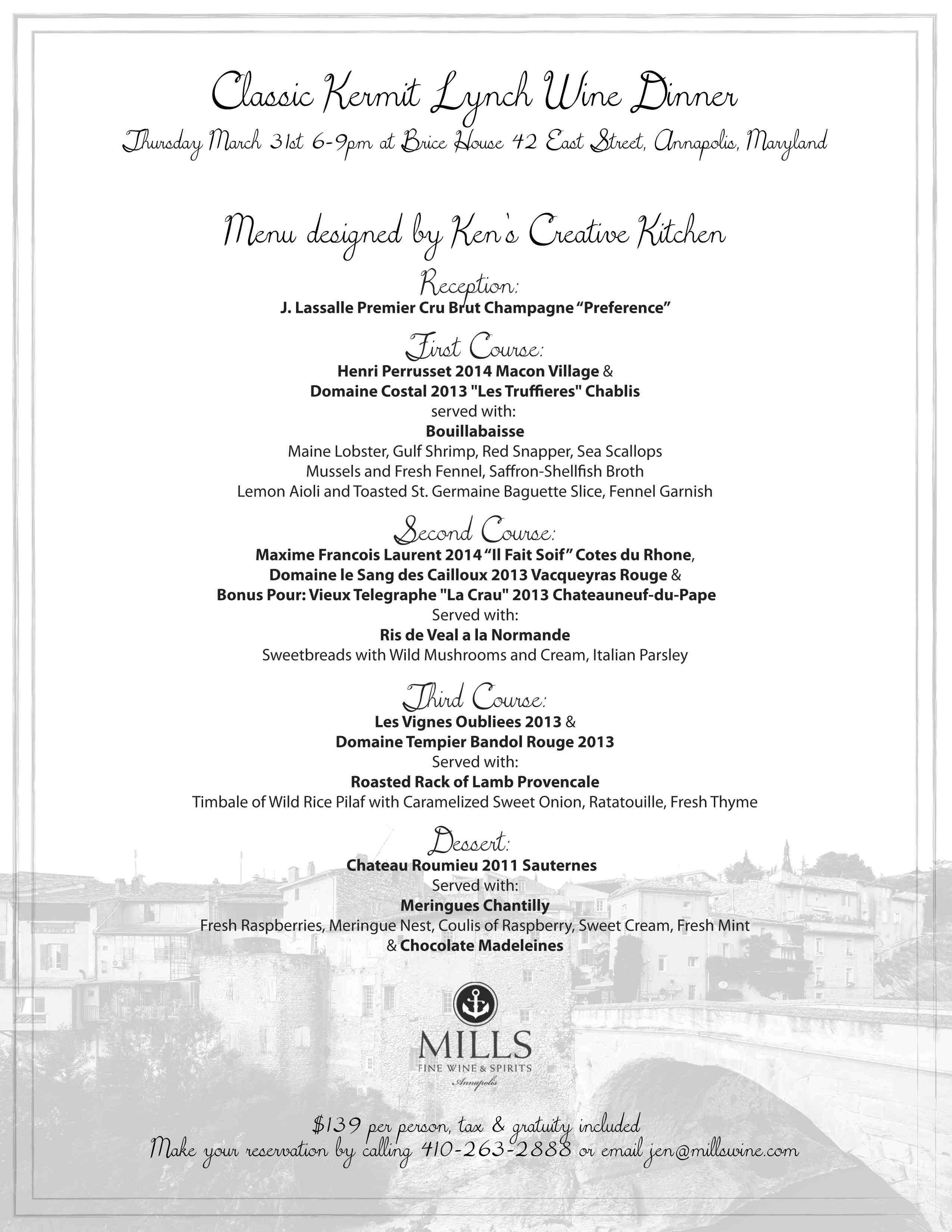 Kermit Lynch Wine Dinner @ Brice House | Annapolis | Maryland | United States
